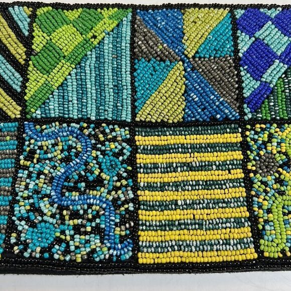 TINTORETTO Women’s Boho Glass Seed Bead Foldover Clutch Black/Blue/Green 6”x 11” - Picture 4 of 15